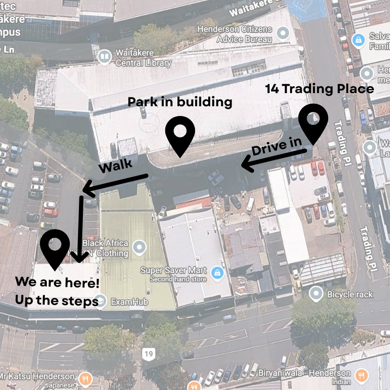 Map showing the route from 14 Trading Place to the back entrance of The Healing Centre Henderson